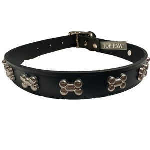 Top Paw Bone Studded Black Leather Dog Collar Size‎ Medium 14-18 in